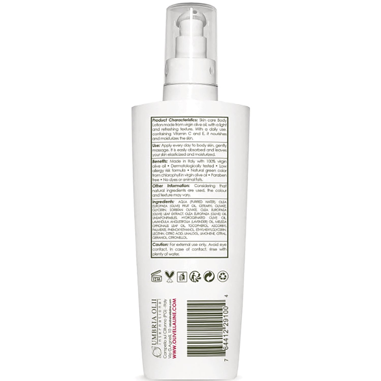 OLV006 | Back of white pump bottle showing ingredient panel, icons and barcode