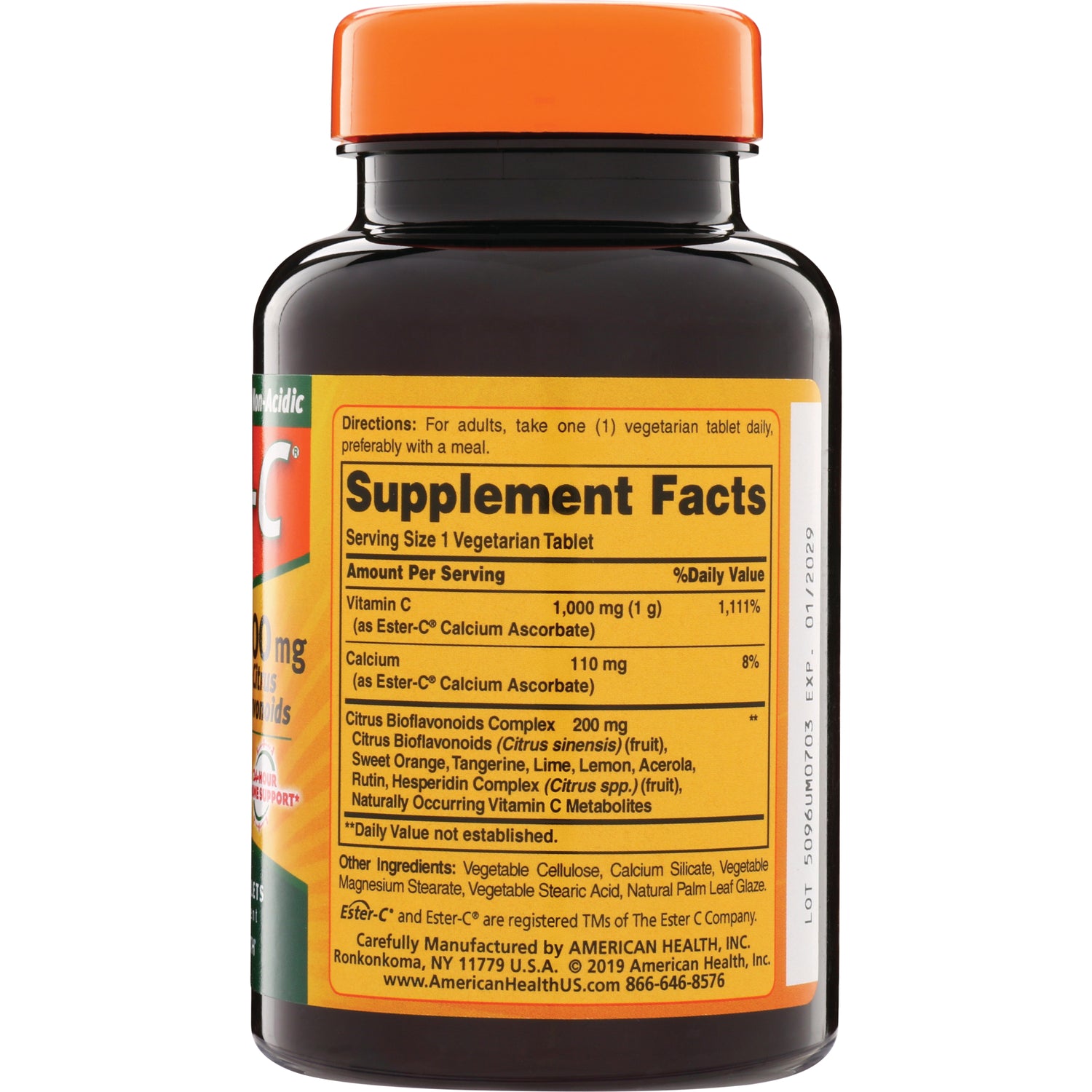 AM167 | Back label Supplement Facts for Vitamin C 1,000 mg; serving size 1 vegetarian tablet