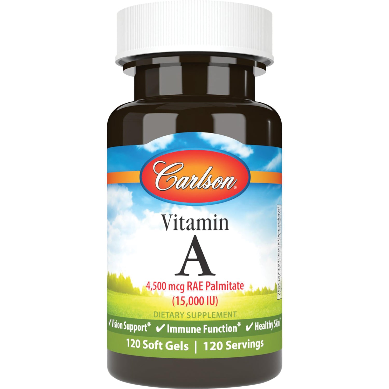 CSN155 | Carlson Vitamin A 15,000 IU Palmitate dietary supplement bottle, 120 soft gels