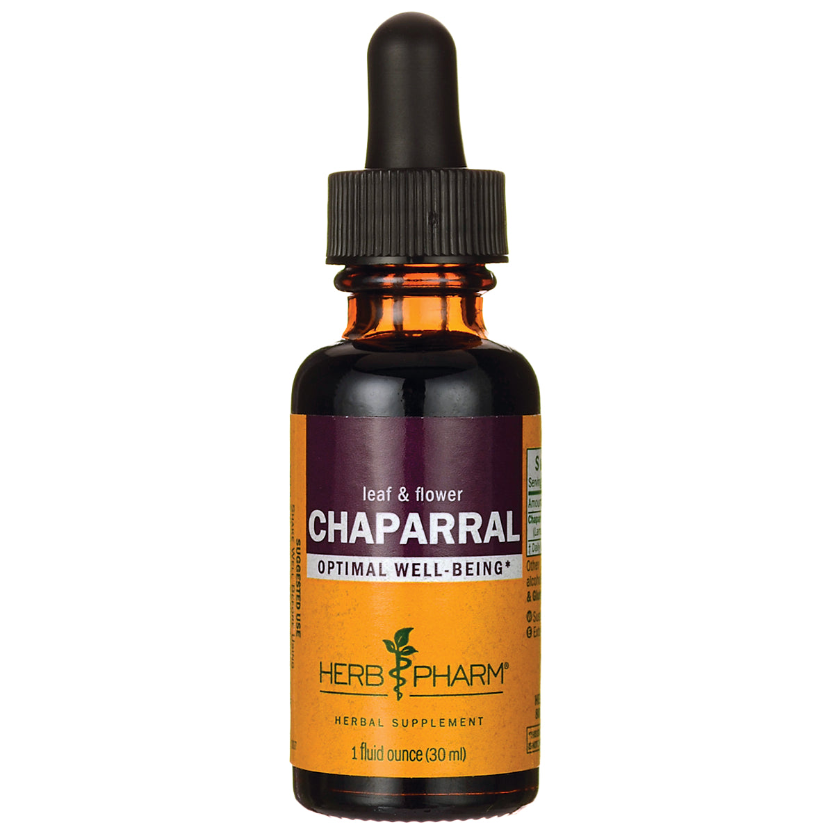 HPH096 | amber glass dropper bottle labeled CHAPARRAL Herb Pharm herbal supplement 1 fluid ounce