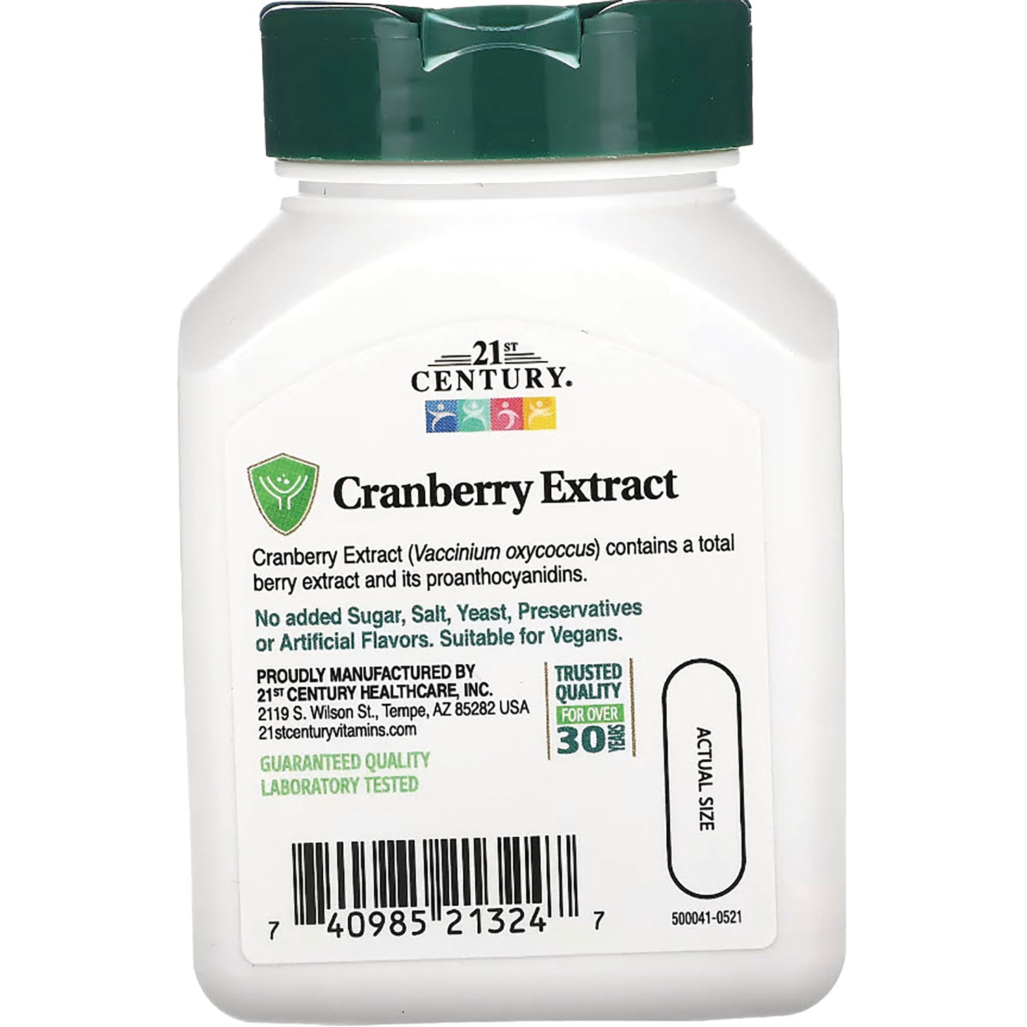 CNT043 | back label product infographic for 21st Century Cranberry Extract bottle showing supplement details and actual size marker