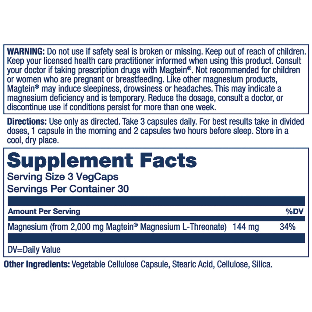 SLR535 | Back label with Supplement Facts, directions, and warning for Magtein magnesium L-threonate - Thumbnail