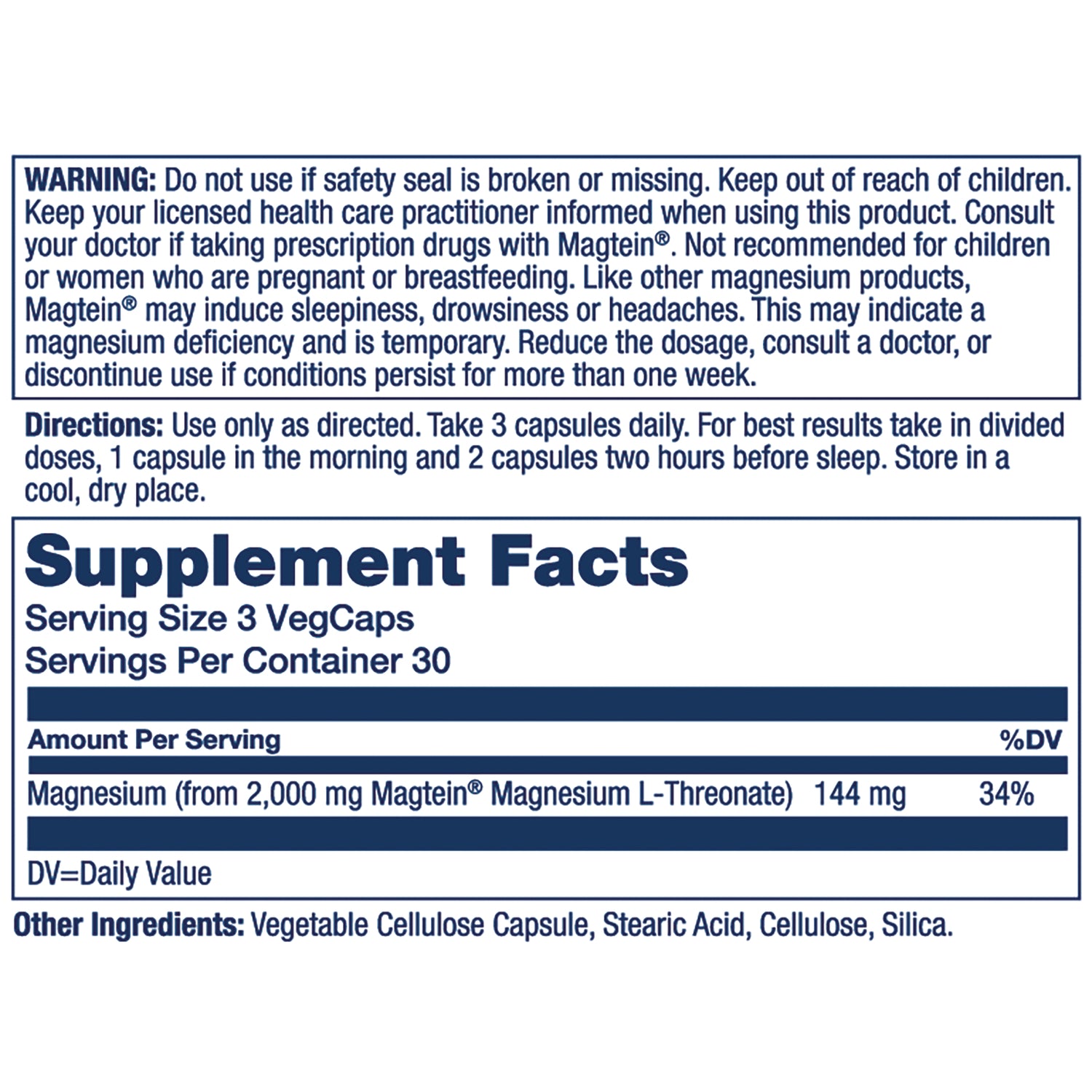 SLR535 | Back label with Supplement Facts, directions, and warning for Magtein magnesium L-threonate