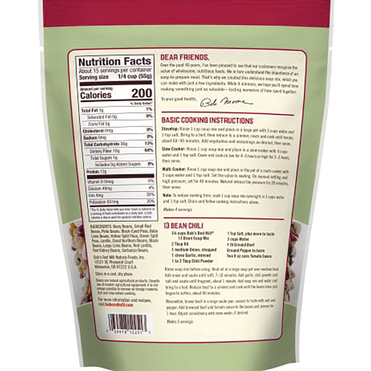 BOB426 | Back of green and red soup mix pouch with nutrition facts, cooking instructions, and barcode