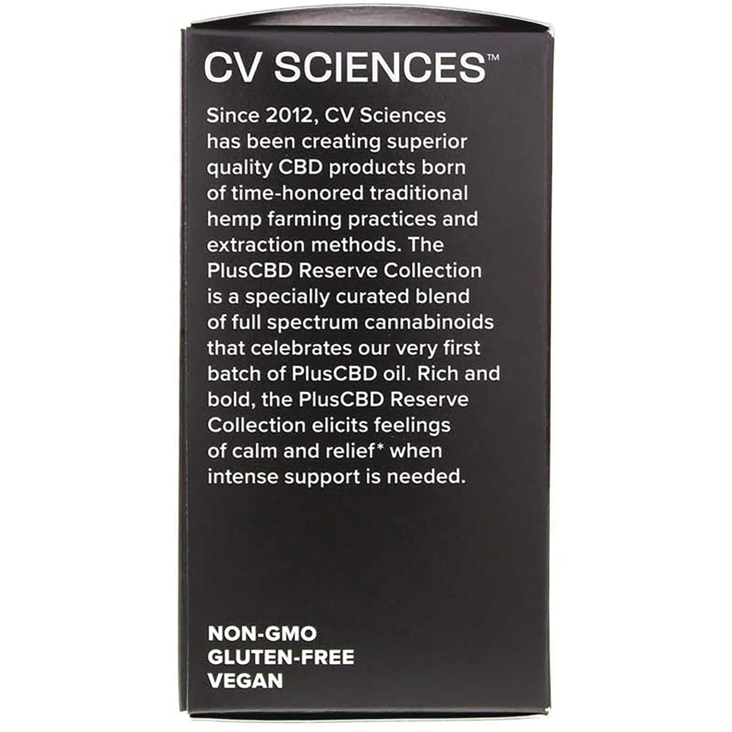 CV SCIENCES box side panel with brand story text and label NON-GMO GLUTEN-FREE VEGAN