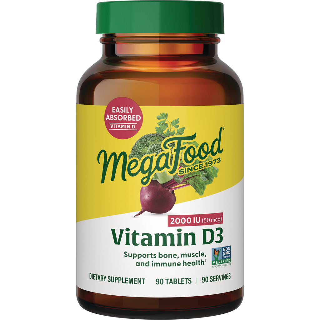 MGF013 | MegaFood Vitamin D3 2000 IU front label on amber bottle dietary supplement 90 tablets - Thumbnail