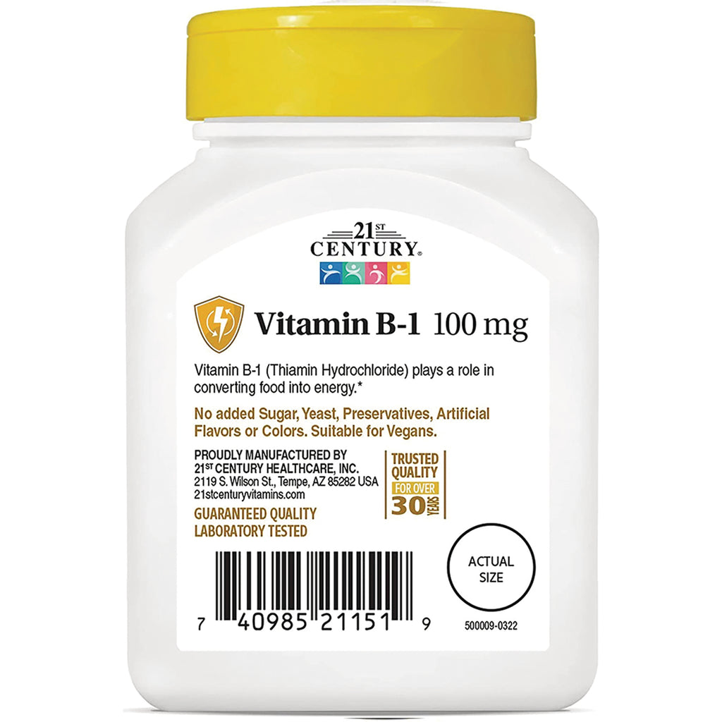 CNT163 | Back label of 21st Century Vitamin B-1 100 mg showing product description, barcode and actual size circle - Thumbnail
