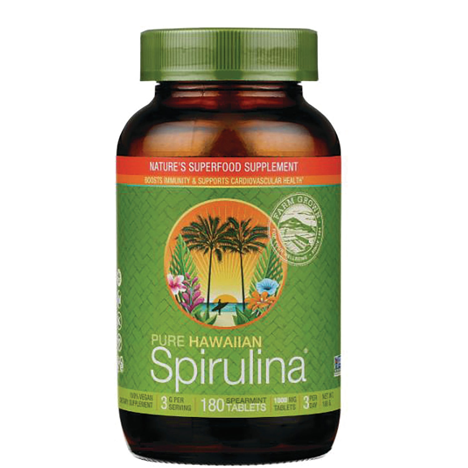 NUT023 | Brown bottle of Pure Hawaiian Spirulina supplement with green label reading Pure Hawaiian Spirulina, 180 spearmint tablets