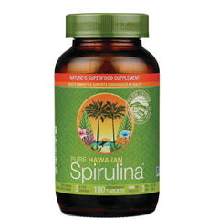 NUT023 | Brown bottle of Pure Hawaiian Spirulina supplement with green label reading Pure Hawaiian Spirulina, 180 spearmint tablets