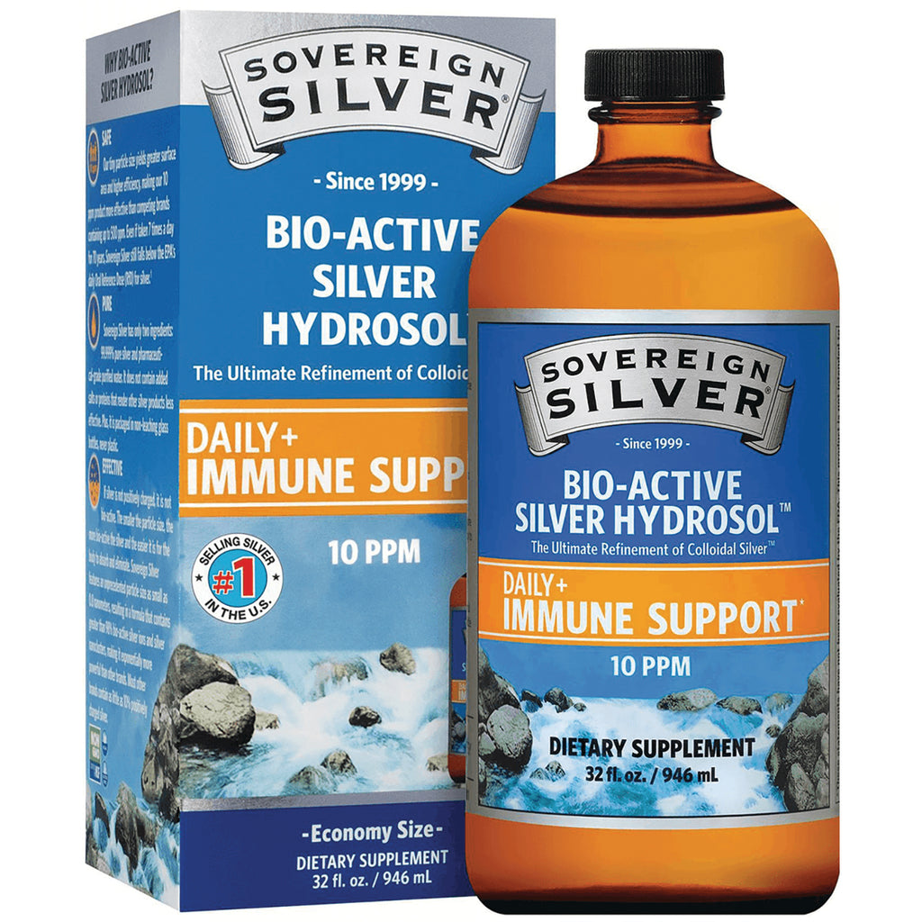 SSL010 | Sovereign Silver Bio-Active Silver Hydrosol Daily+ Immune Support 10 PPM, 32 fl oz bottle and box - Thumbnail
