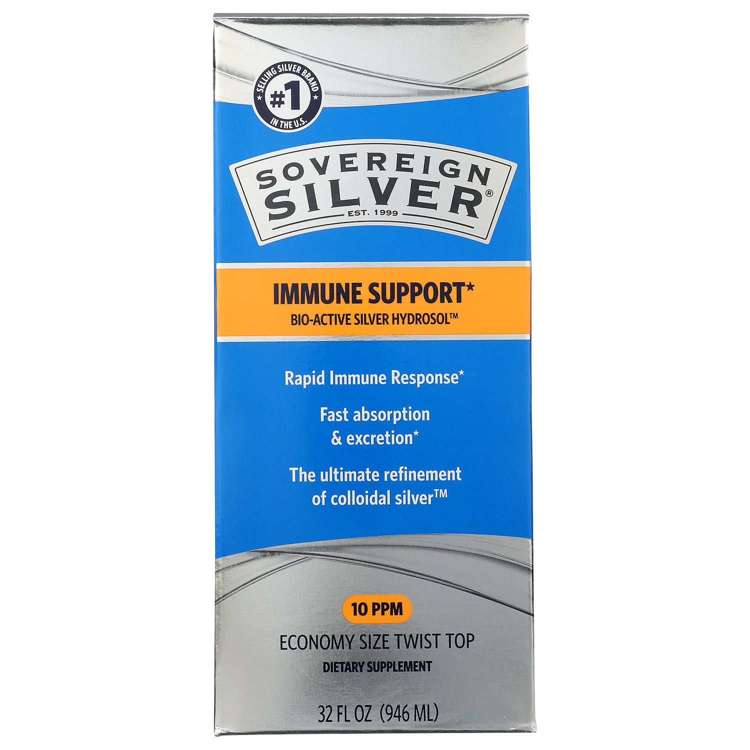 SSL010 | Sovereign Silver Bio-Active Silver Hydrosol Daily+ Immune Support 10 PPM, 32 fl oz bottle and box