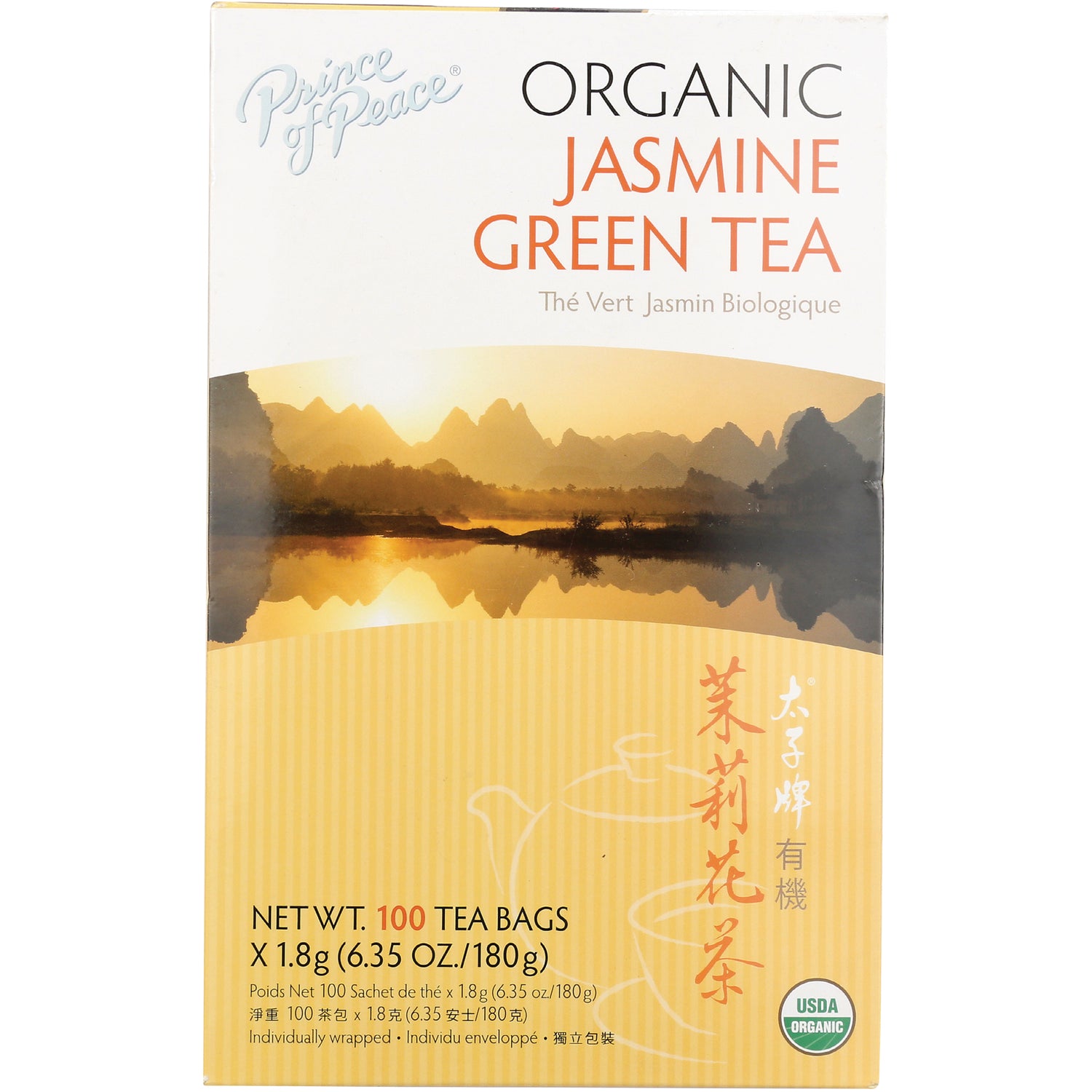 Prince of Peace organic jasmine green tea box with sunset landscape, 100 tea bags and USDA Organic seal