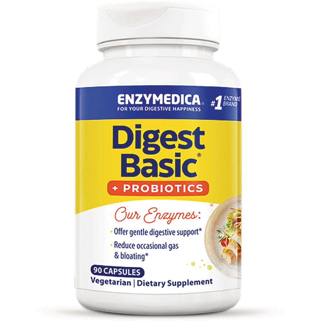 EMD059 | Digest Basic + Probiotics dietary supplement bottle front, Enzymedica label, 90 capsules - Thumbnail