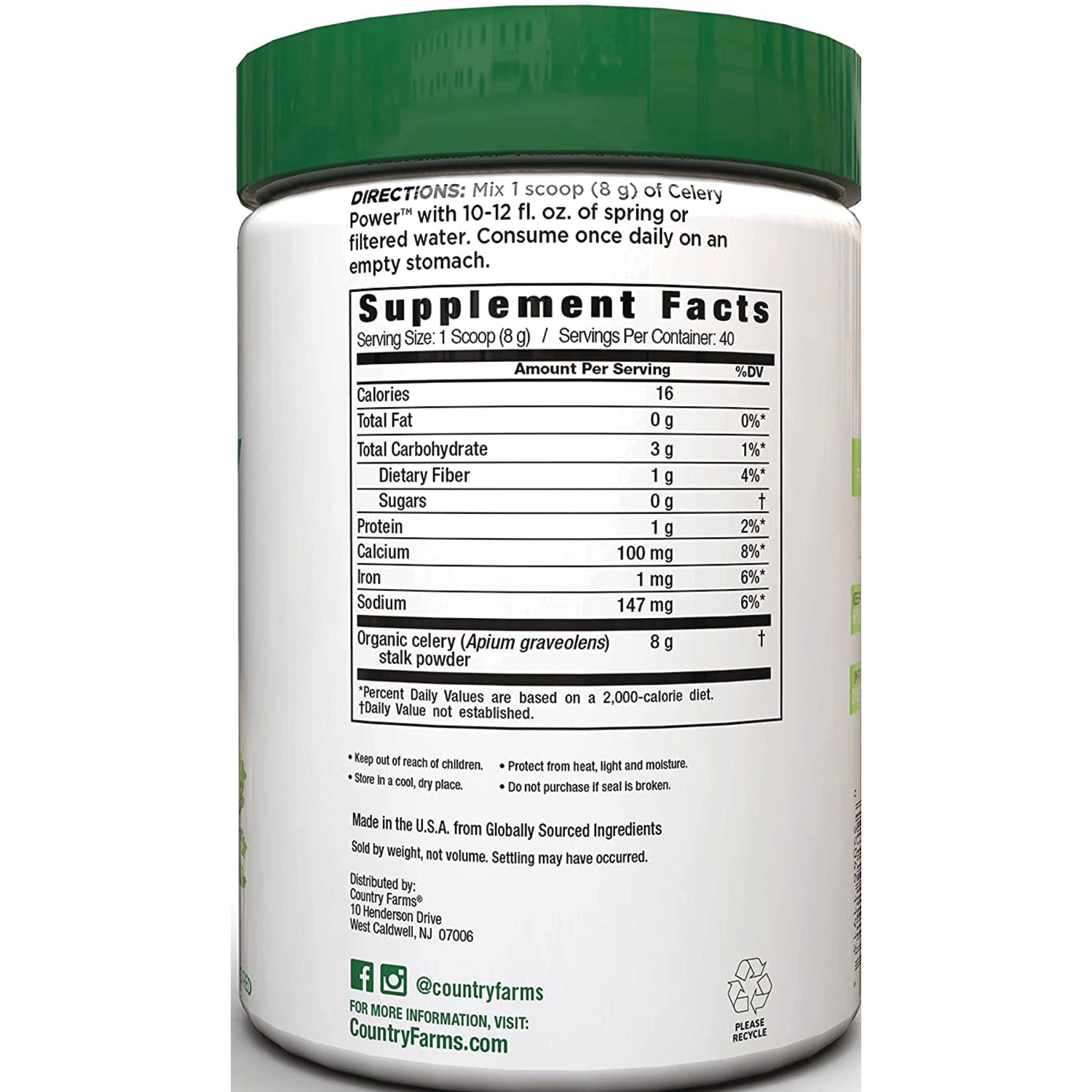 CFR004 | Back label showing Supplement Facts panel, directions, and ingredient listing for organic celery stalk powder