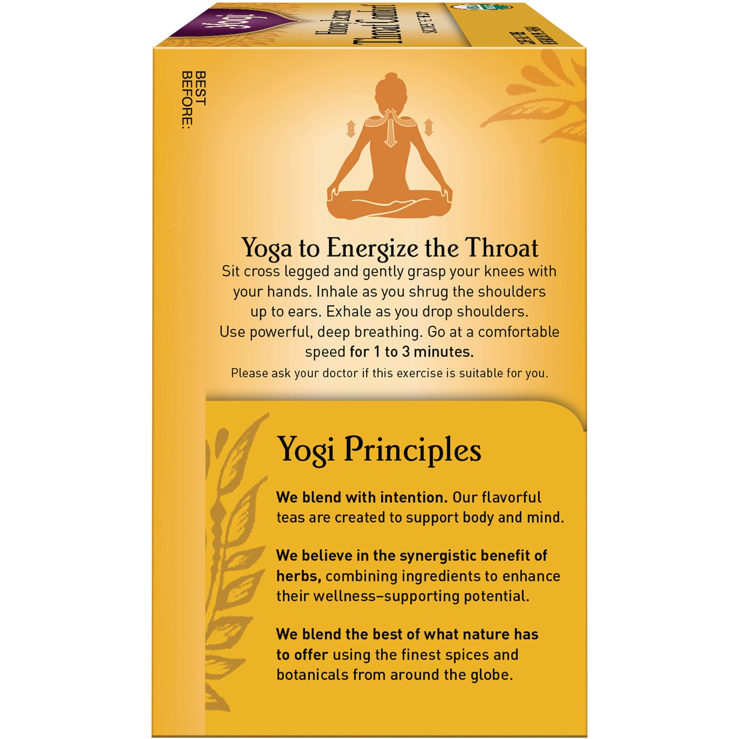 AHW041 | Product infographic on yellow box reading 'Yoga to Energize the Throat' with instructions and 'Yogi Principles' text