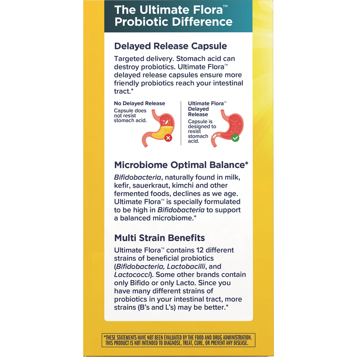 RNL252 | back panel of probiotic box describing delayed release capsules, microbiome balance and multi strain benefits