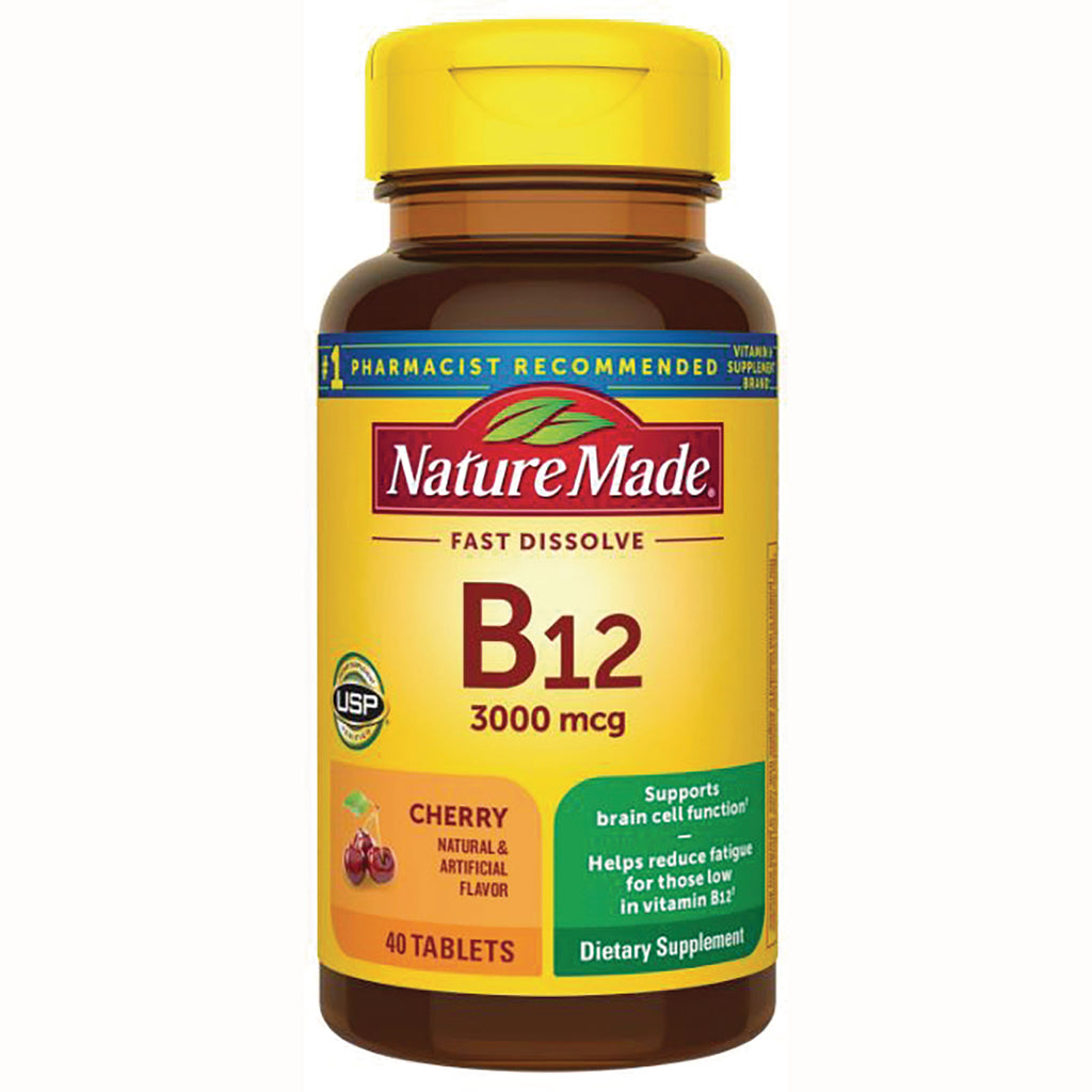 NTM048 | Nature Made B12 3000 mcg fast dissolve cherry tablets bottle front label showing 40 tablets - Thumbnail