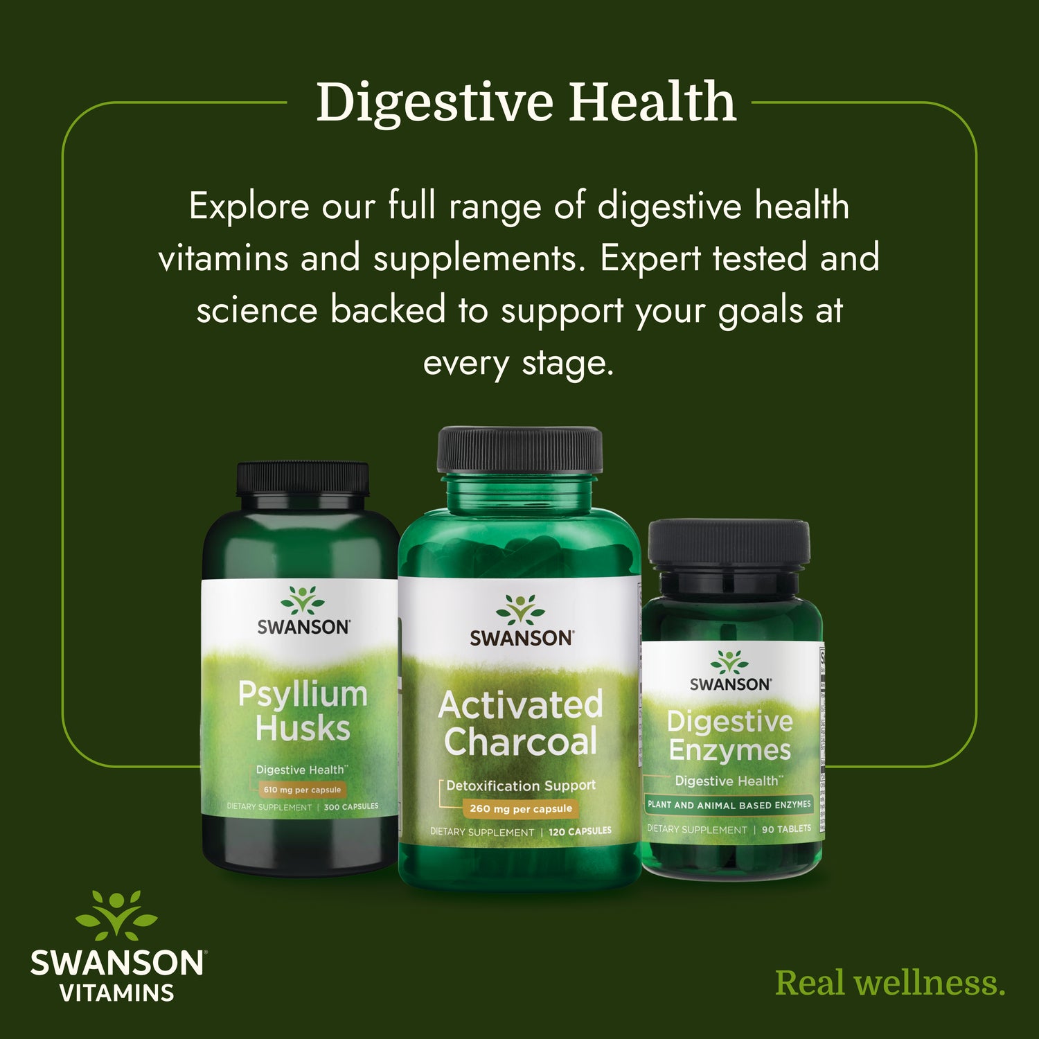 SW1355 | Swanson Digestive Health infographic with psyllium husks, activated charcoal, and digestive enzymes