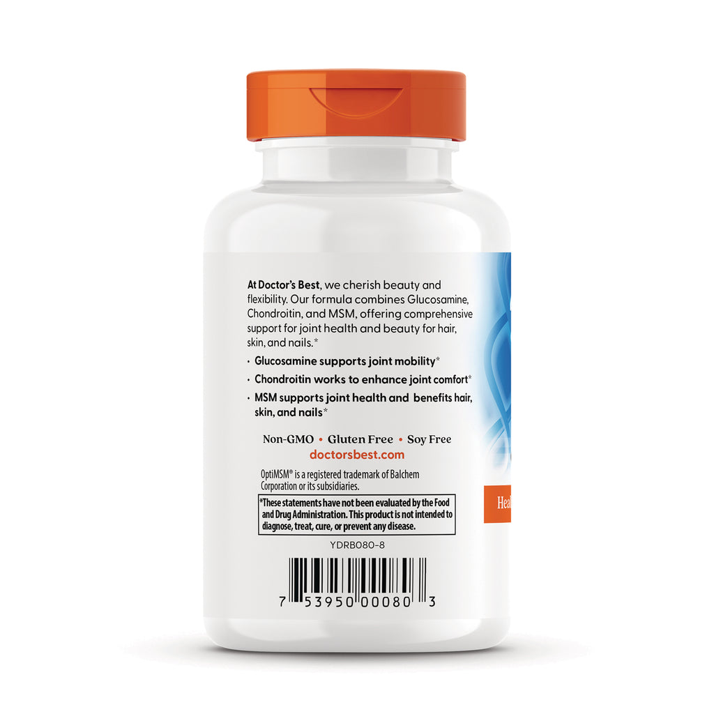 DB155 | back of white supplement bottle showing label text listing glucosamine, chondroitin, MSM, Non-GMO, Gluten Free, and barcode - Thumbnail