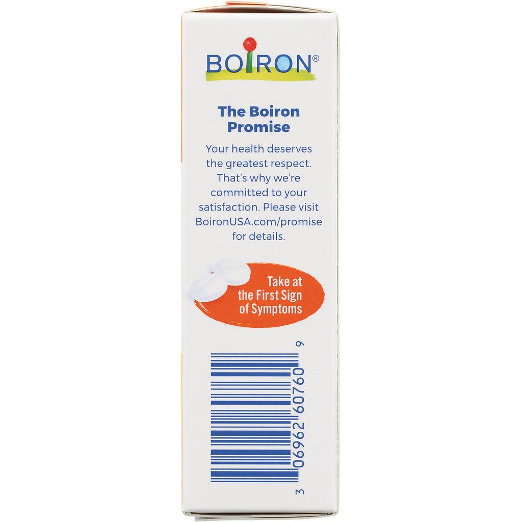 BRN007 | Boiron product side panel with The Boiron Promise text, barcode, and orange badge reading Take at the First Sign of Symptoms - Thumbnail