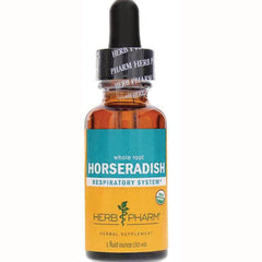HPH057 | amber glass dropper bottle labeled whole root HORSERADISH Respiratory System by Herb Pharm, 1 fluid ounce