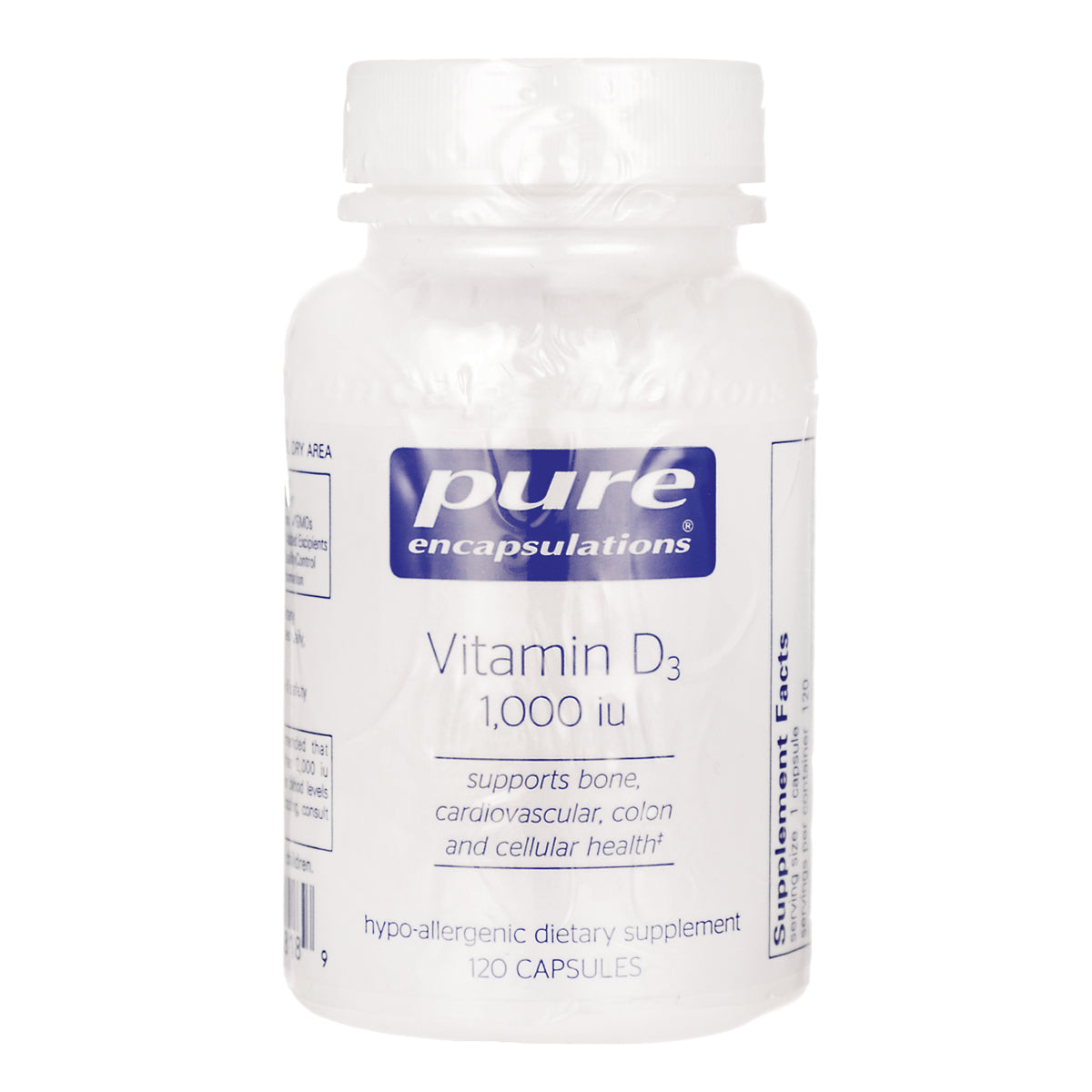 PRN044 | Pure Encapsulations Vitamin D3 1,000 iu white bottle, 120 capsules