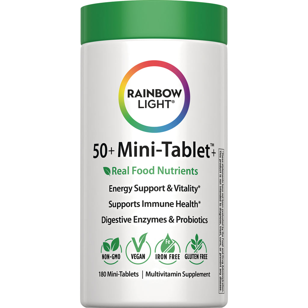 RBL172 | Rainbow Light 50+ Mini-Tablet multivitamin bottle front label with Real Food Nutrients and vegan gluten free icons - Thumbnail