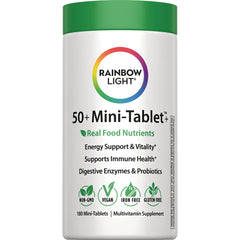 RBL172 | Rainbow Light 50+ Mini-Tablet multivitamin bottle front label with Real Food Nutrients and vegan gluten free icons