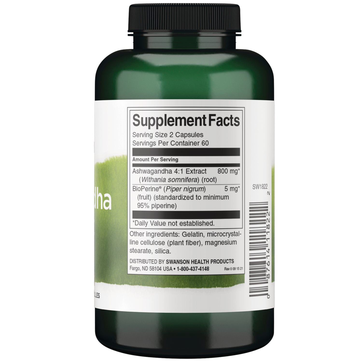 SW1822 | Back of bottle with Supplement Facts: serving size 2 capsules; Ashwagandha 4:1 extract 800 mg; BioPerine 5 mg