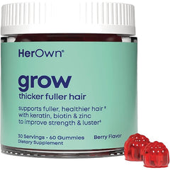 HO006 | Jar of HerOwn grow thicker fuller hair berry gummies showing front label and two red gummies