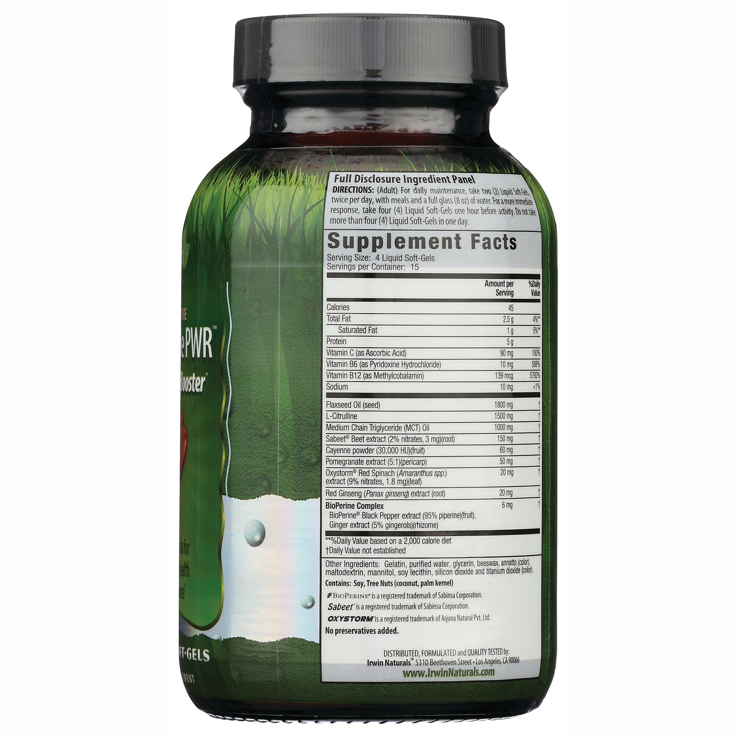 IR281 | supplement facts and ingredient panel on back of green supplement bottle showing serving size and nutrients