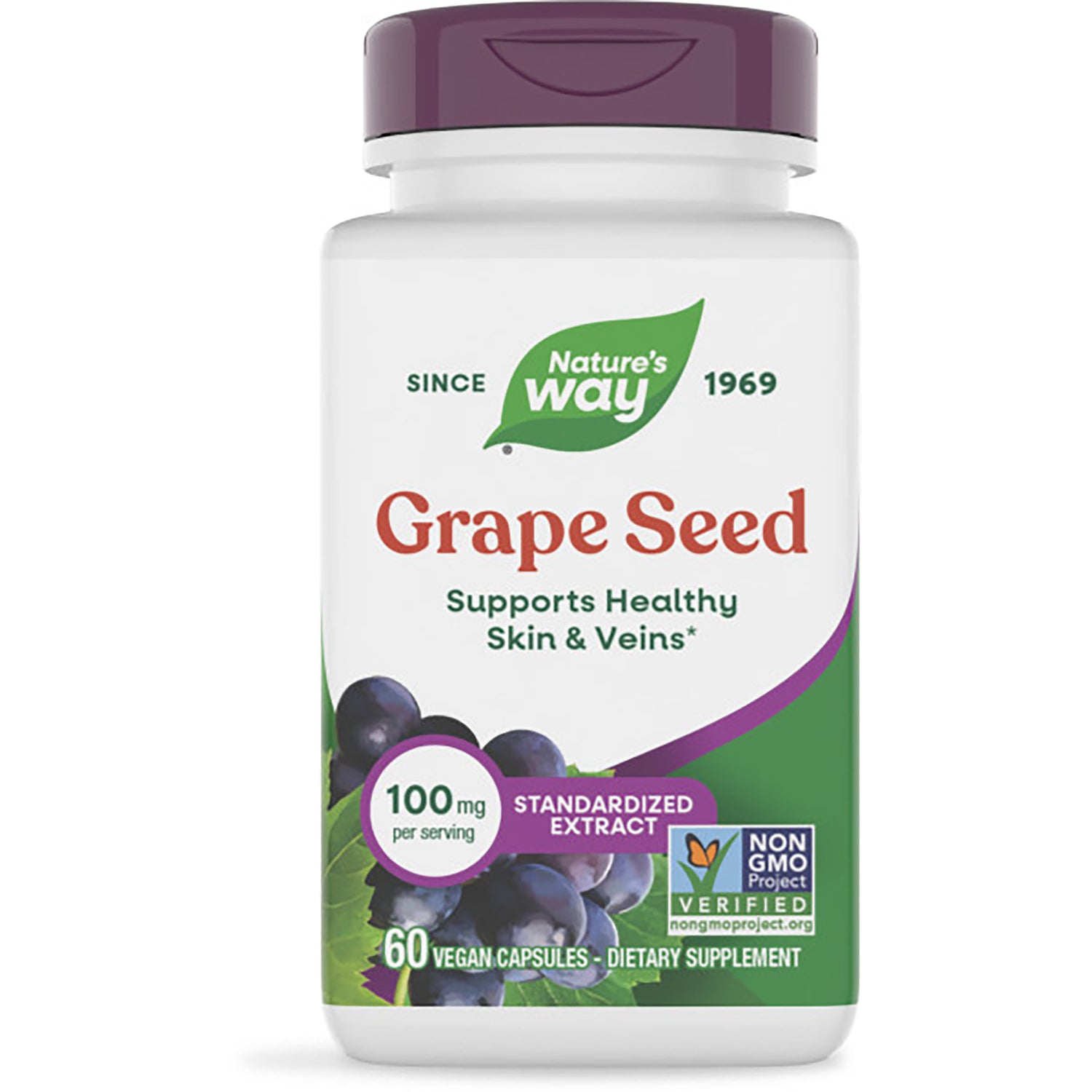 NW768 | Nature's Way Grape Seed Premium Extract bottle, front label showing 60 vegan capsules and Plant Powered