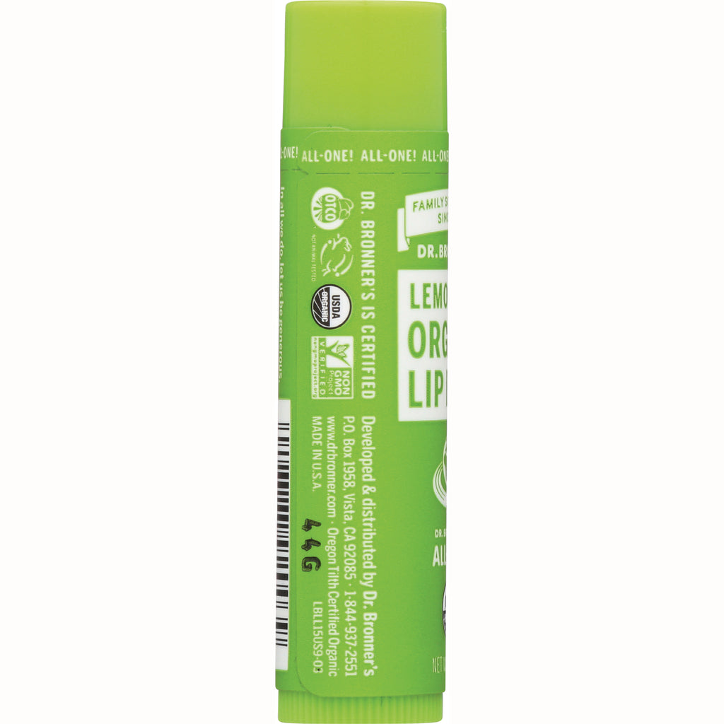 DRB031 | Back label of green lemon organic lip balm tube showing certifications, barcode and ingredient text - Thumbnail