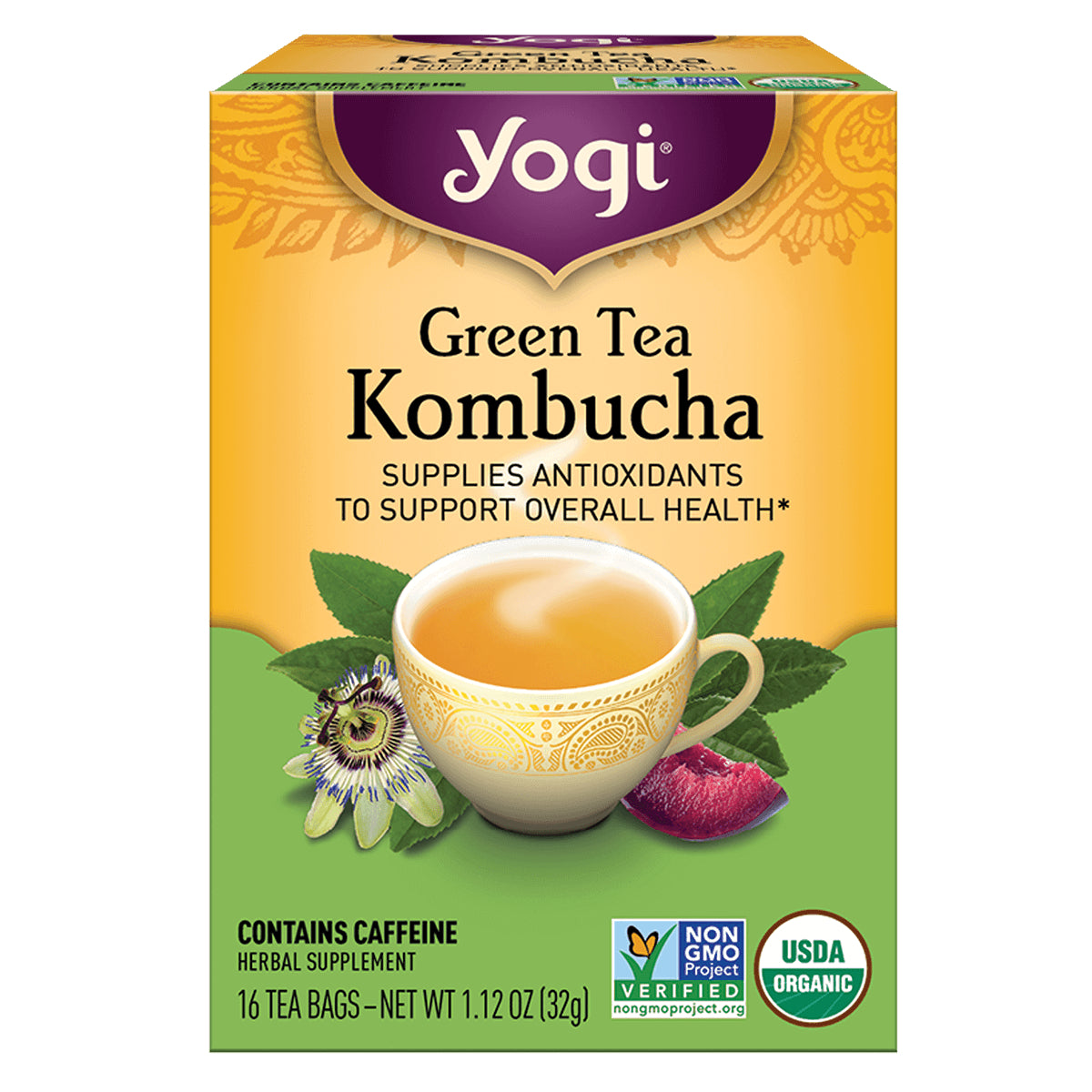 AHW002 | Yogi Green Tea Kombucha tea bags, contains caffeine, 16 count, USDA Organic, Non-GMO Project Verified
