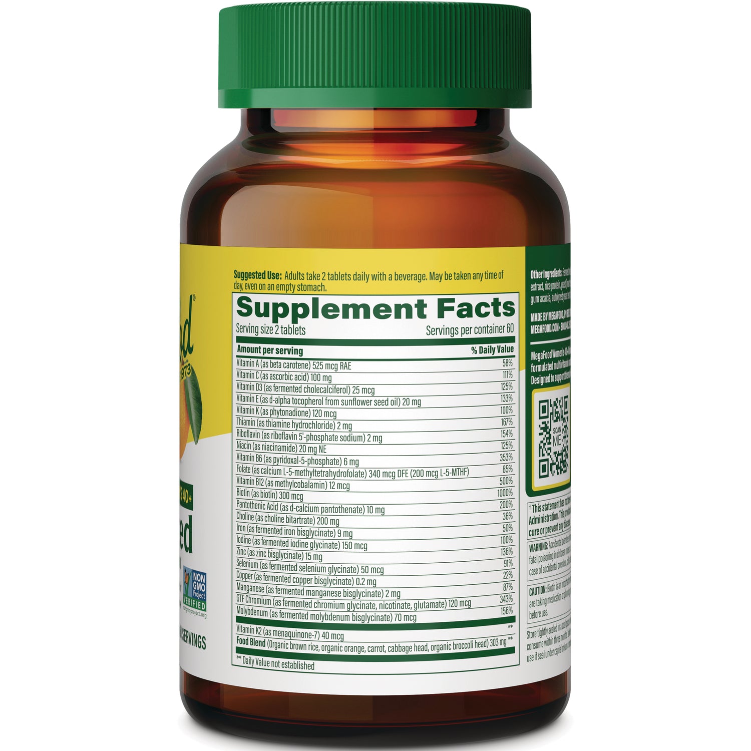 MGF073 | Back of amber supplement bottle showing Supplement Facts label, nutrition table and QR code