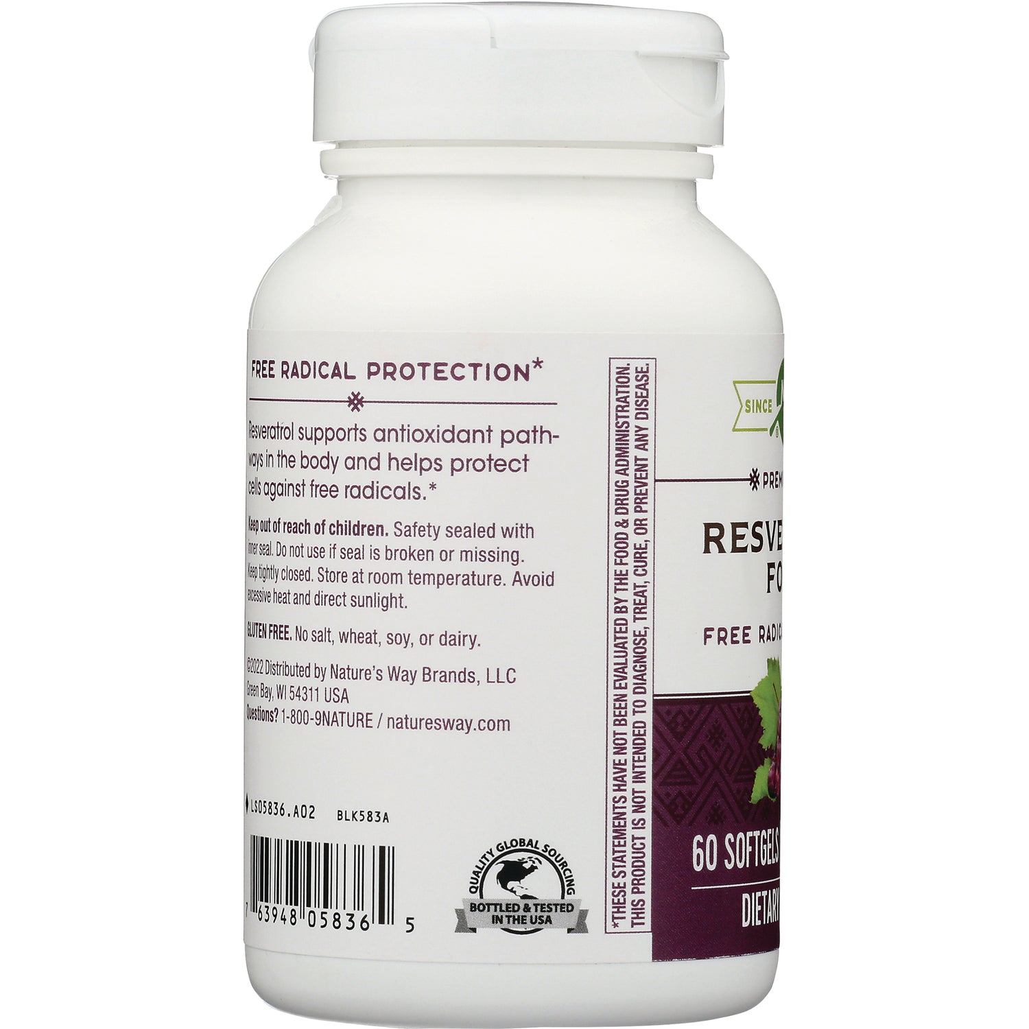 White supplement bottle back label showing ingredient and safety text, barcode and bottled & tested in the USA seal