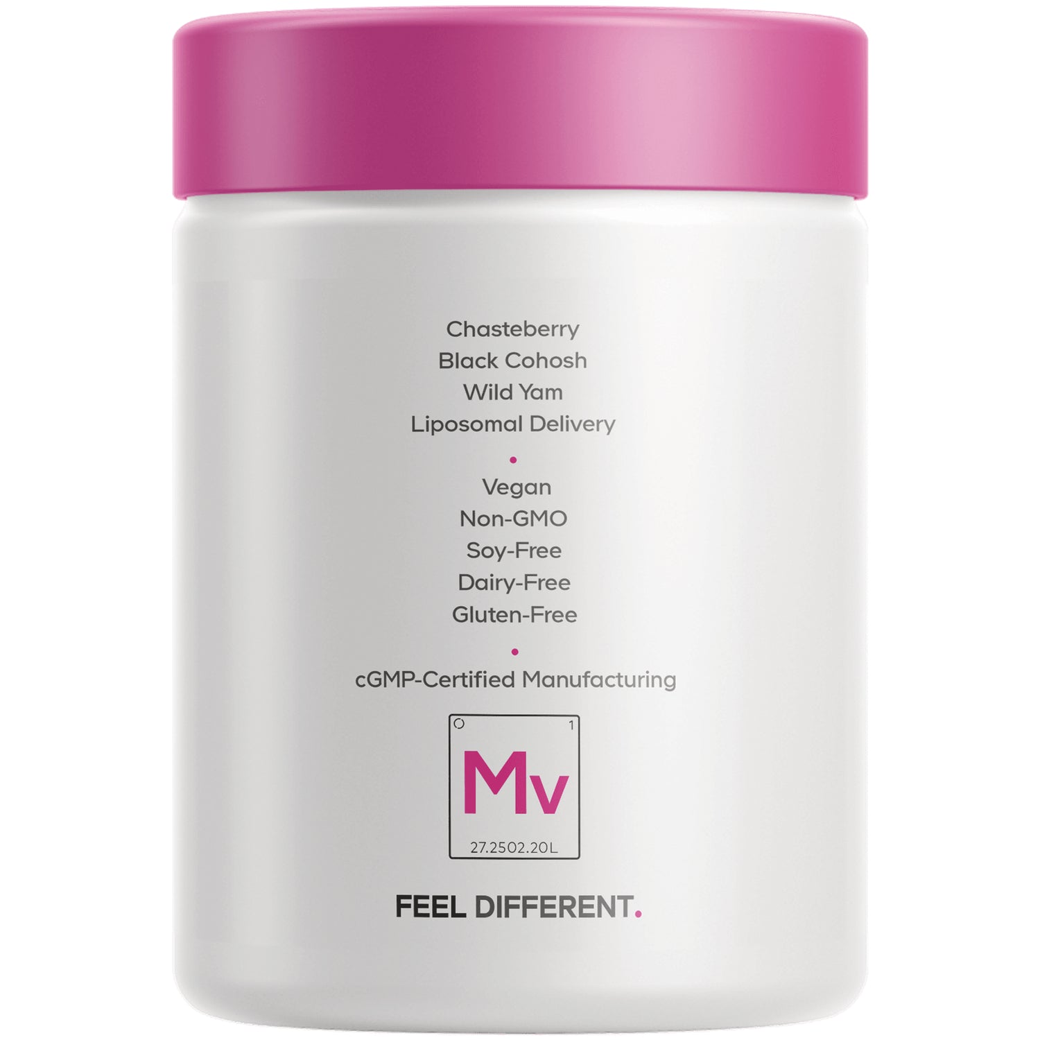 CDG060 | White supplement jar back with pink lid showing ingredients and claims: Chasteberry, Black Cohosh, Wild Yam; vegan, non-GMO, soy-free, dairy-free, gluten-free