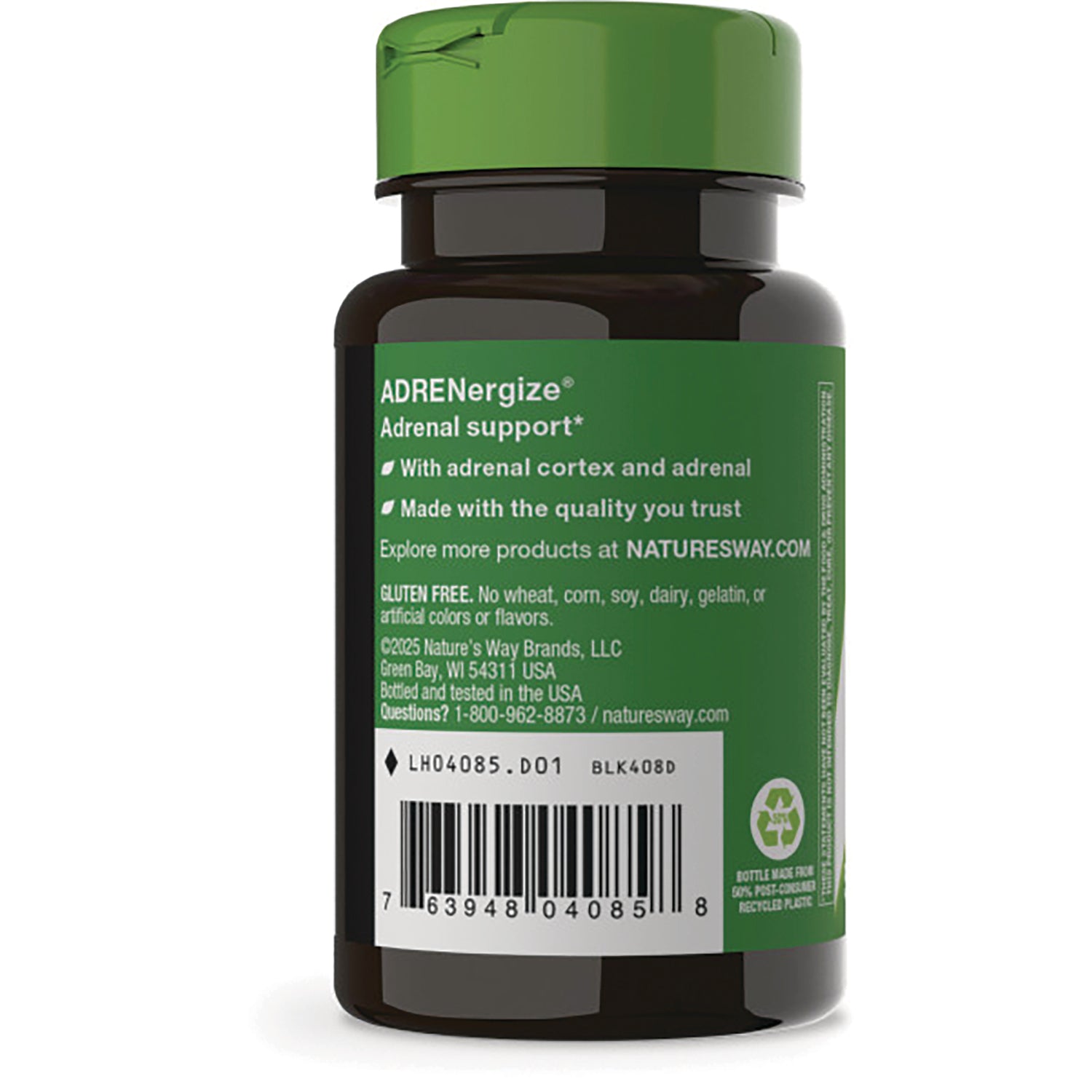 ET015 | Back label of brown supplement bottle showing ADREnergize adrenal support text, ingredients, and barcode