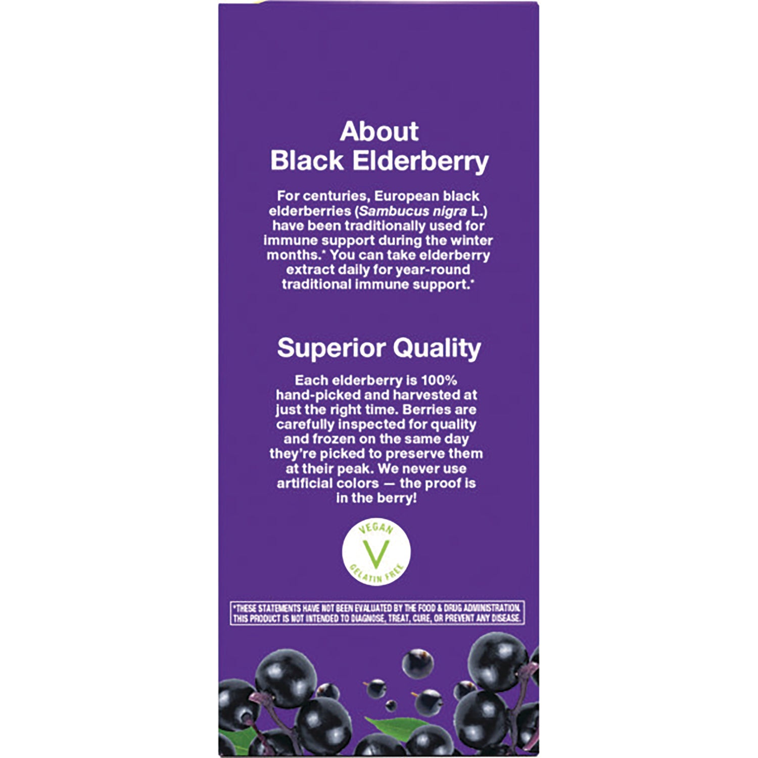 NW808 | Purple product infographic panel titled About Black Elderberry with Superior Quality text, vegan seal and elderberry images