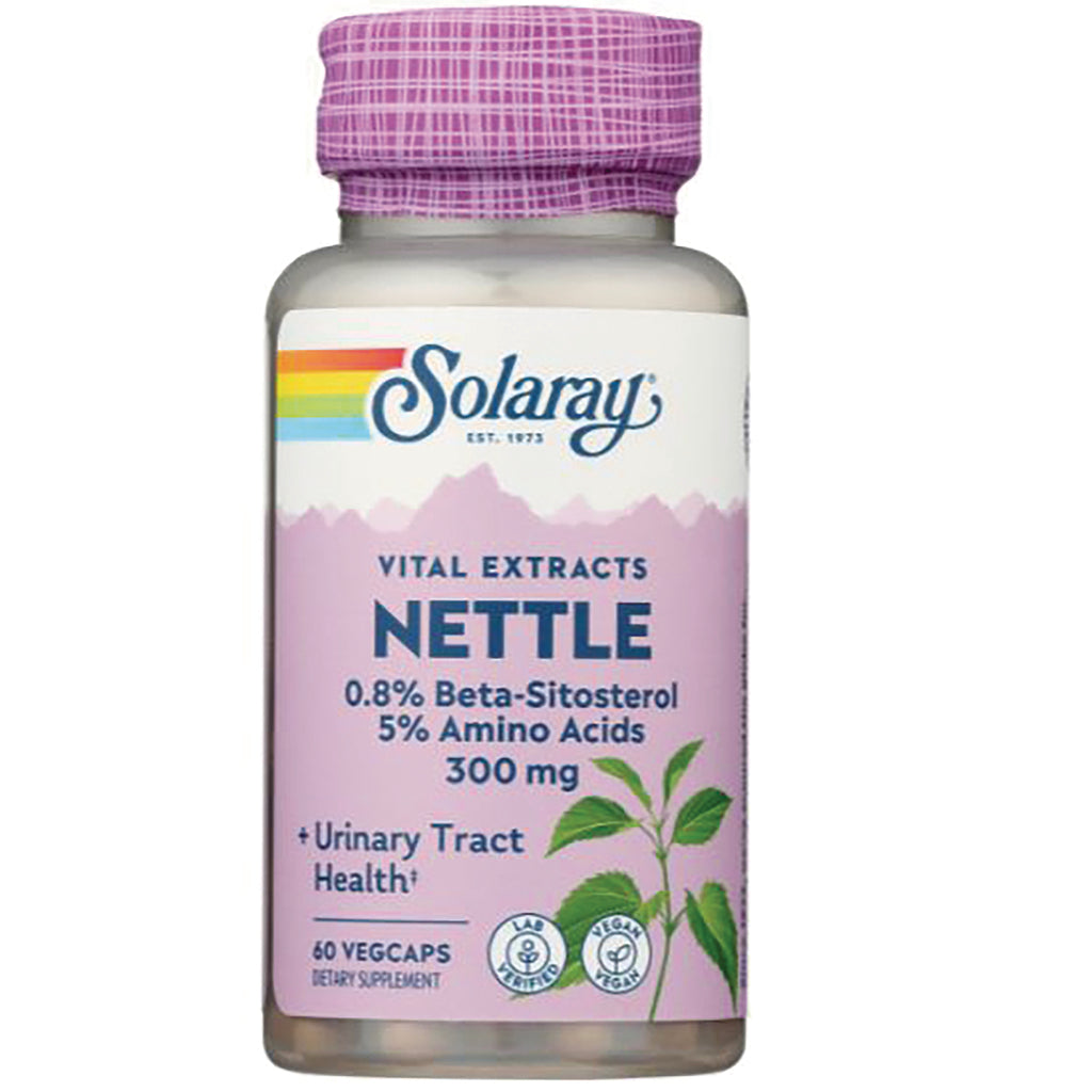 SLR385 | Solaray Nettle 300 mg supplement bottle with pink label, 60 vegcaps and plant illustration - Thumbnail