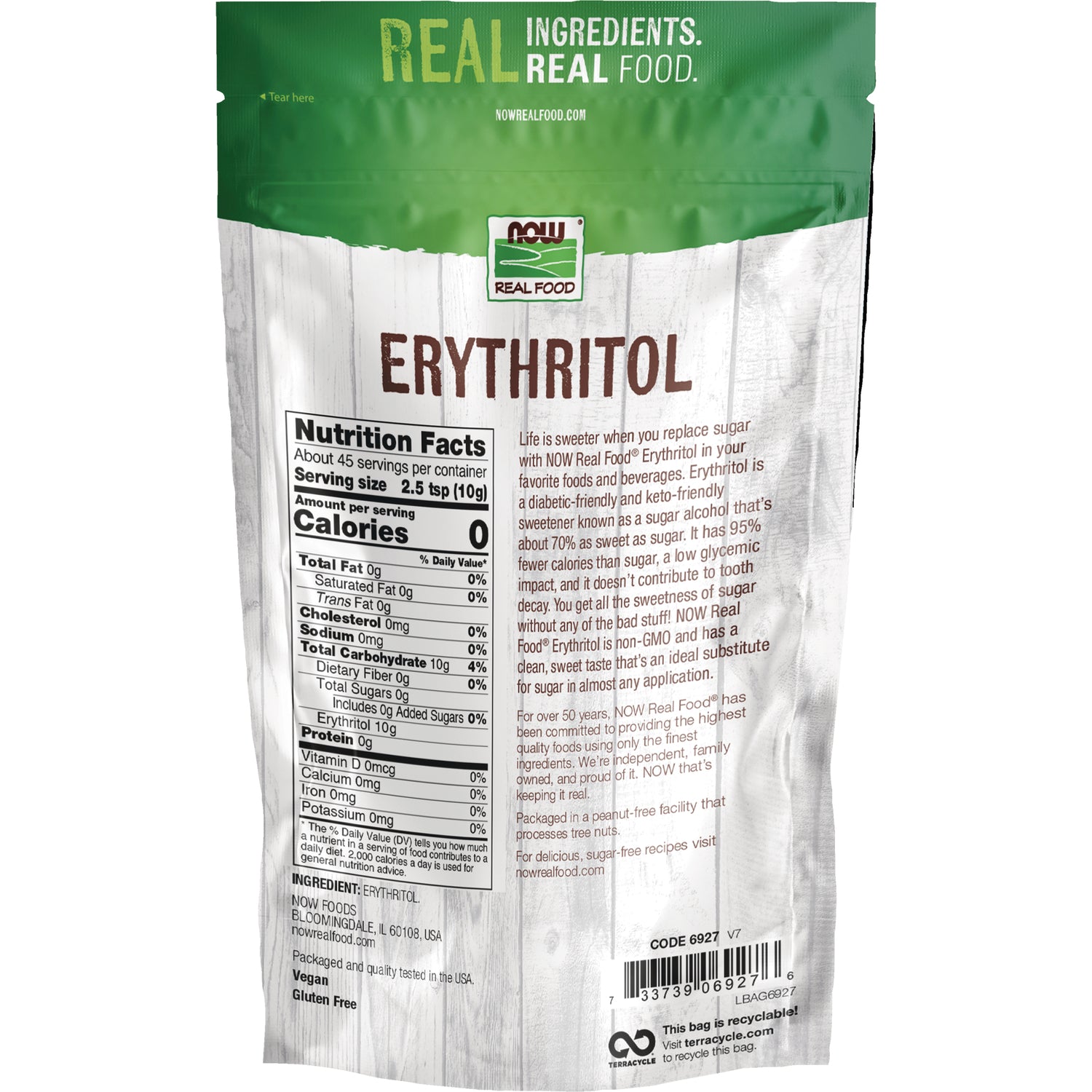 NWF207 | Back of ERYTHRITOL pouch showing nutrition facts panel, ingredient list, barcode and product description