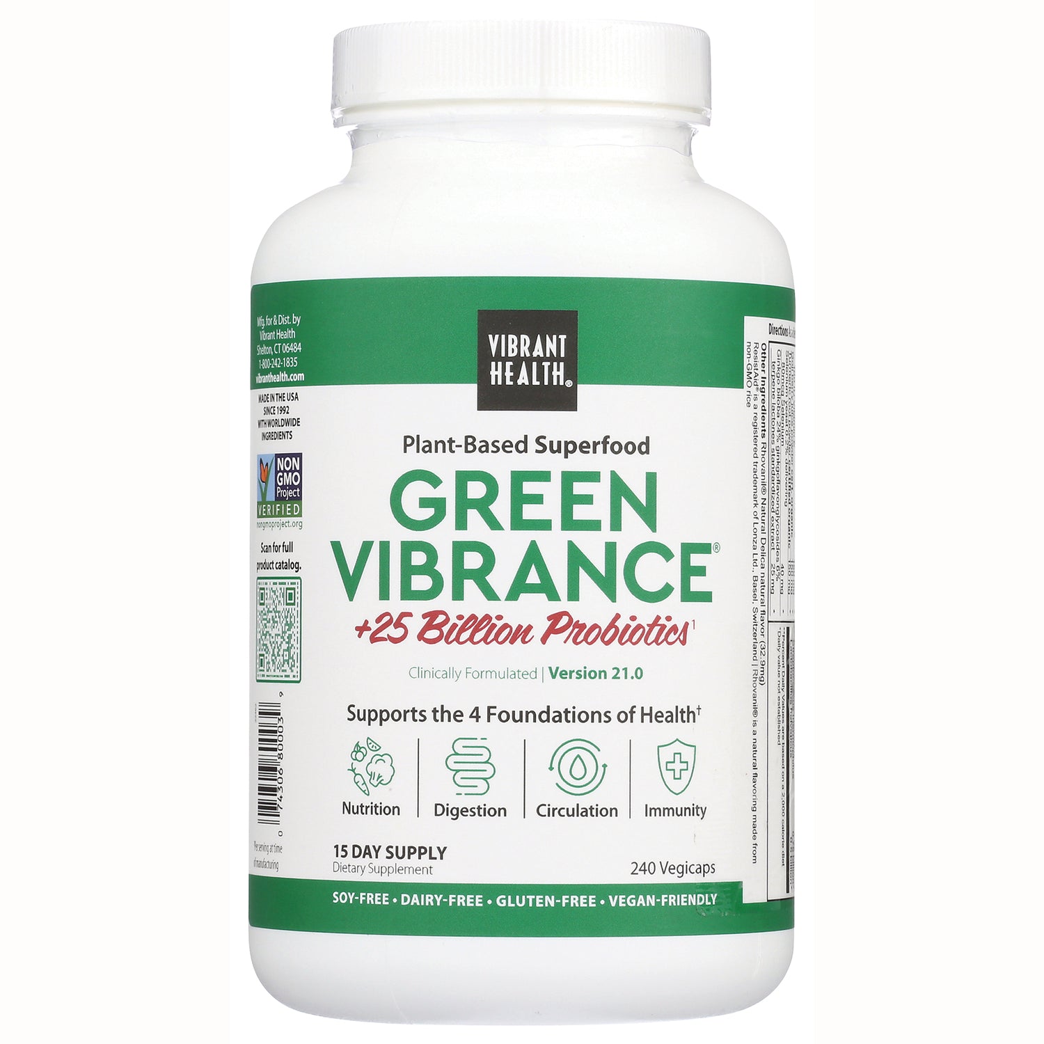 VH003 | Green Vibrance plant-based superfood by Vibrant Health, +25 Billion Probiotics, 240 vegicaps bottle front