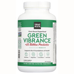 VH003 | Green Vibrance plant-based superfood by Vibrant Health, +25 Billion Probiotics, 240 vegicaps bottle front