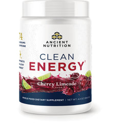 ATN145 | White jar of Ancient Nutrition Clean Energy supplement, Cherry Limeade flavor front label view