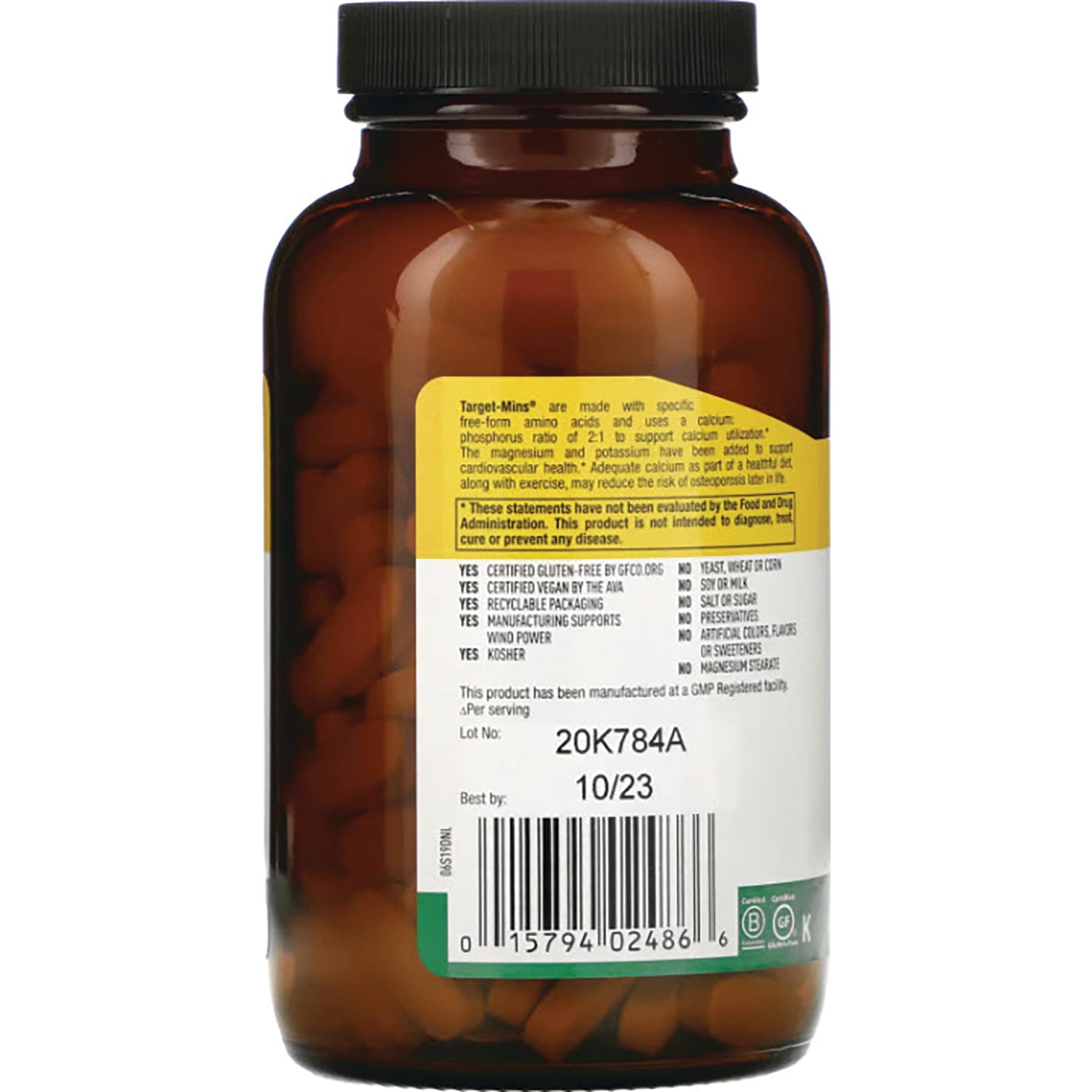 CRL520 | Back of amber supplement bottle showing label with lot 20K784A, best by 10/23 and barcode