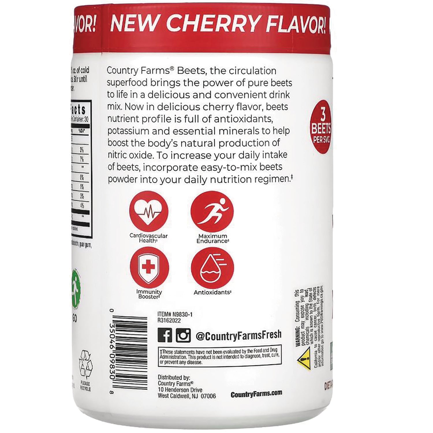 CFR008 | back label of Country Farms beets powder with product description, health icons, and barcode