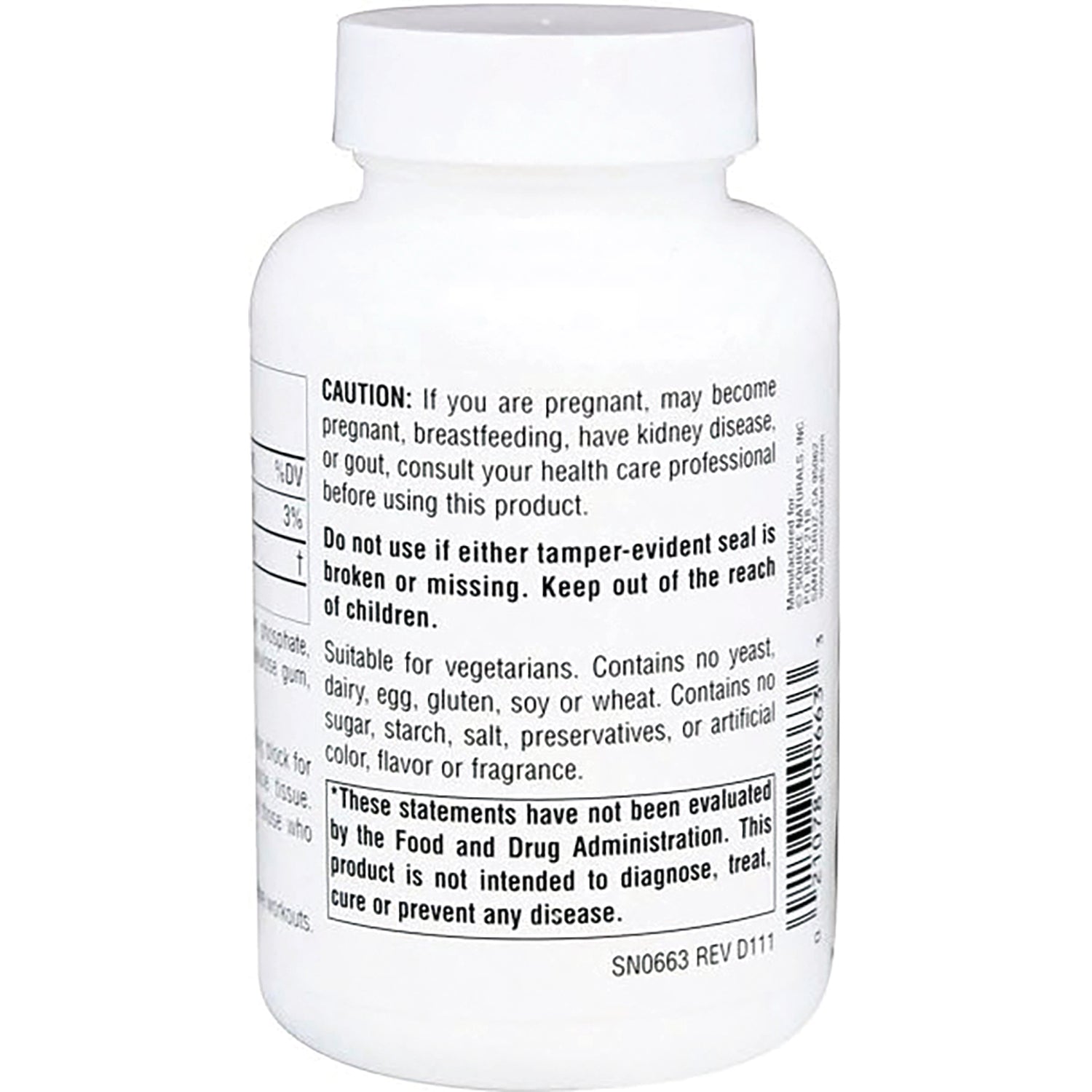 SN658 | Supplement bottle back label with caution statement, vegetarian, and no yeast, dairy, egg, gluten, soy or wheat