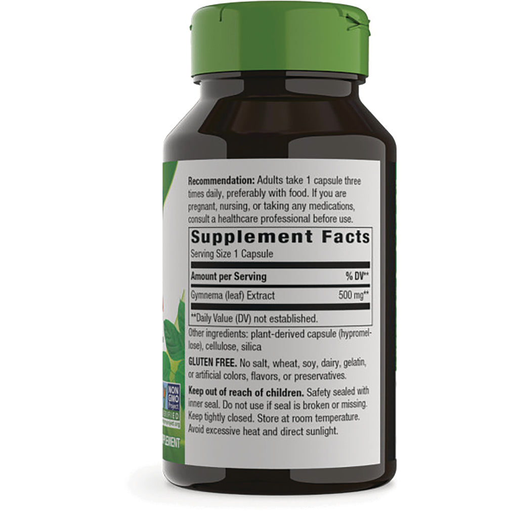 NW525 | Back of brown supplement bottle with Supplement Facts label showing Gymnema (leaf) Extract 500 mg and usage text - Thumbnail