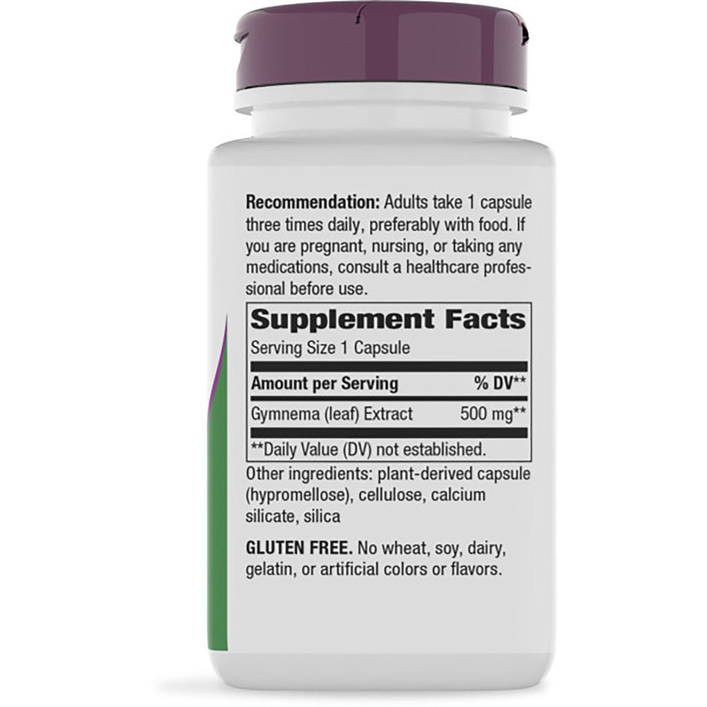 NW525 | Back of brown supplement bottle with Supplement Facts label showing Gymnema (leaf) Extract 500 mg and usage text - Thumbnail