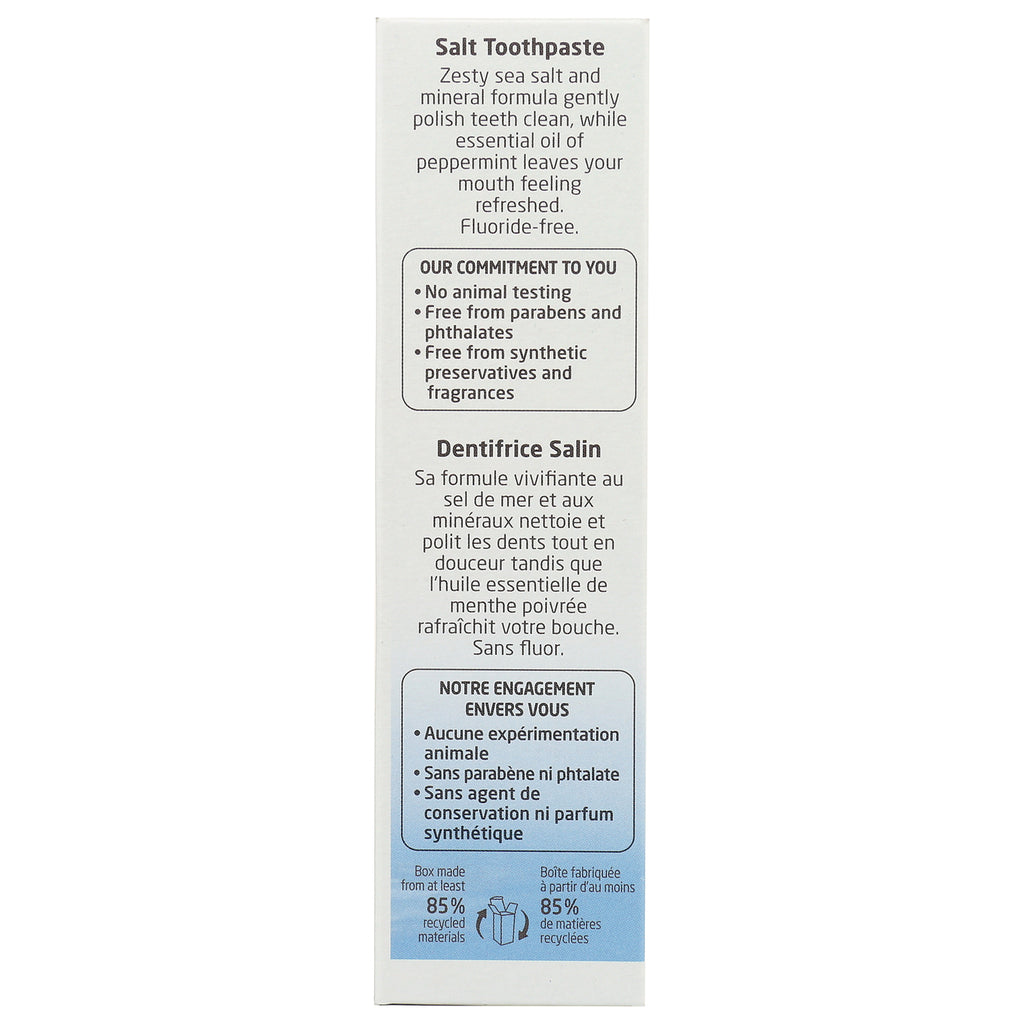 WEL006 | Salt Toothpaste box back showing benefits and commitments: no animal testing; free from parabens, phthalates, synthetic preservatives - Thumbnail